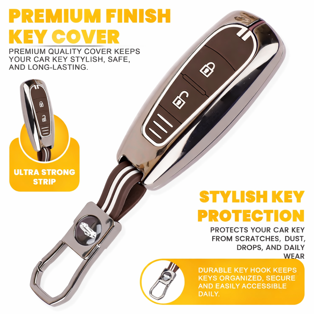 Car Key Cover Compatible with Maruti Suzukii Ignis | S Cross | Baleno | Ciaz | Vitara Brezza | Swift 2-Button Key (Chrome Metal Coffee Silicone)