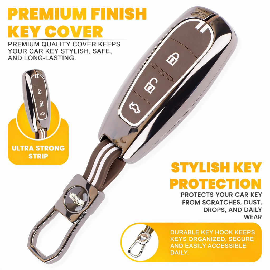 Metal Key Cover Compatible with Baleno, Breeza, S Cross, Ciaz, Swift 3 Button Smart Key (Metal Brown Silicone)