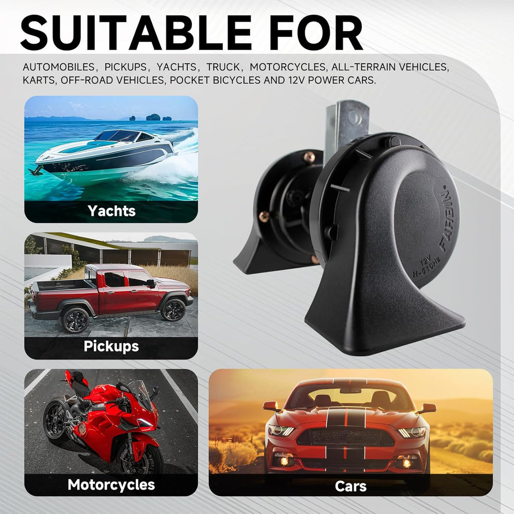 Auto Horn 12V Loud Dual Tone Car Horn 410Hz/510Hz Waterproof Electric Snail Horn Universal for All Cars & Bikes Black | Heavy Sound High Performance Vehicle Horn