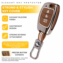 Load image into Gallery viewer, Car Key Cover Compatible with Hyundaii Creta, Venue, Tucson, Alcazar, i20, Grand i10 Nios, Aura, Xcent, Exter, 3-Button Flip Key, Silicone, with Keyring (Chrome Metal Coffee Silicone)