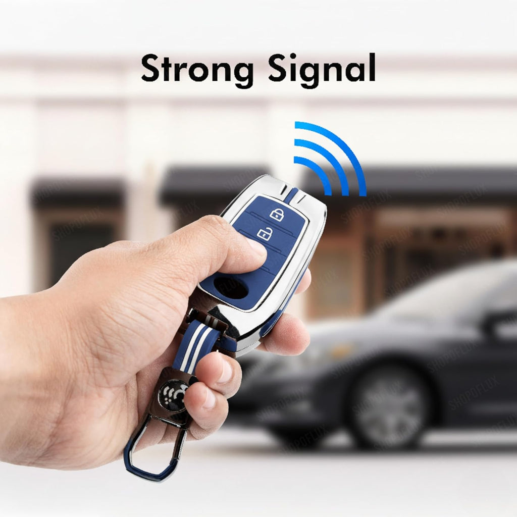 Metal Key Cover Compatible with Toyota Fortuner | Fortuner Legender | Innova Hycross | Invicto 3 Button Smart Key (Metal Blue Silicone)