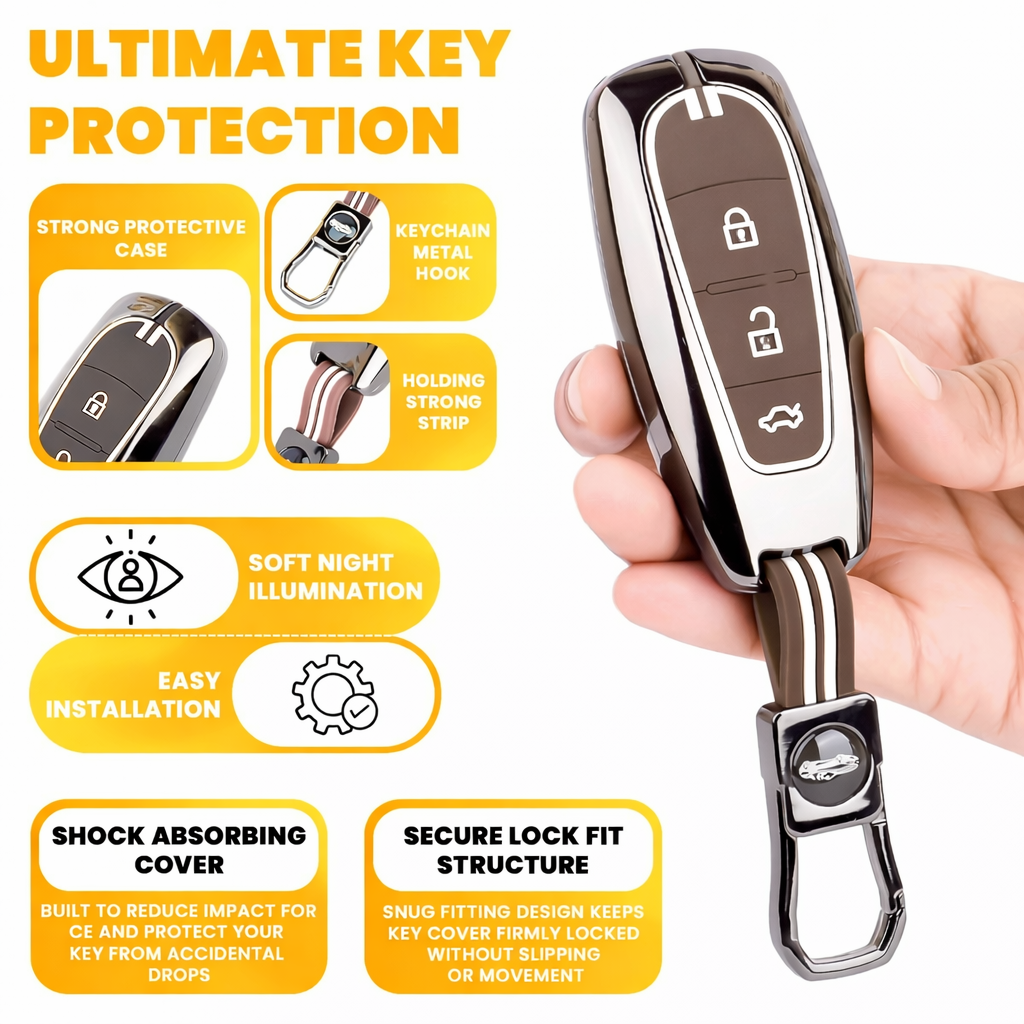 Metal Key Cover Compatible with Baleno, Breeza, S Cross, Ciaz, Swift 3 Button Smart Key (Metal Brown Silicone)