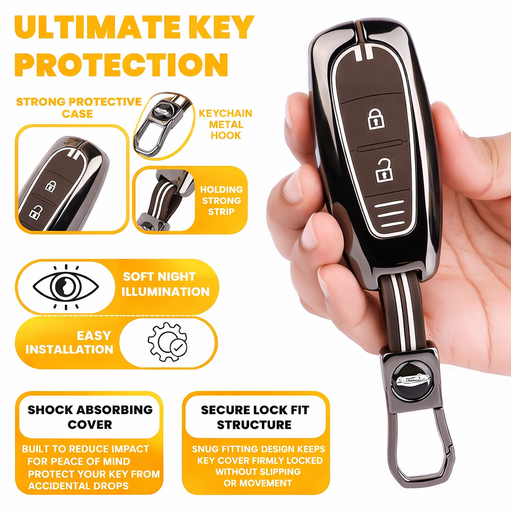 Car Key Cover Compatible with Maruti Suzukii Ignis | S Cross | Baleno | Ciaz | Vitara Brezza | Swift 2-Button Key (Chrome Metal Coffee Silicone)