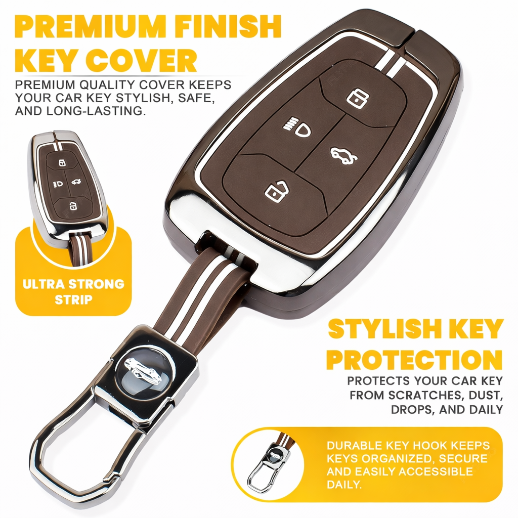 Luxury Car Key Cover for Tata Nexon, Tigor, Altroz, Punch, Safari | Metal & Silicone Smart Key Protector 4 Button with Hook