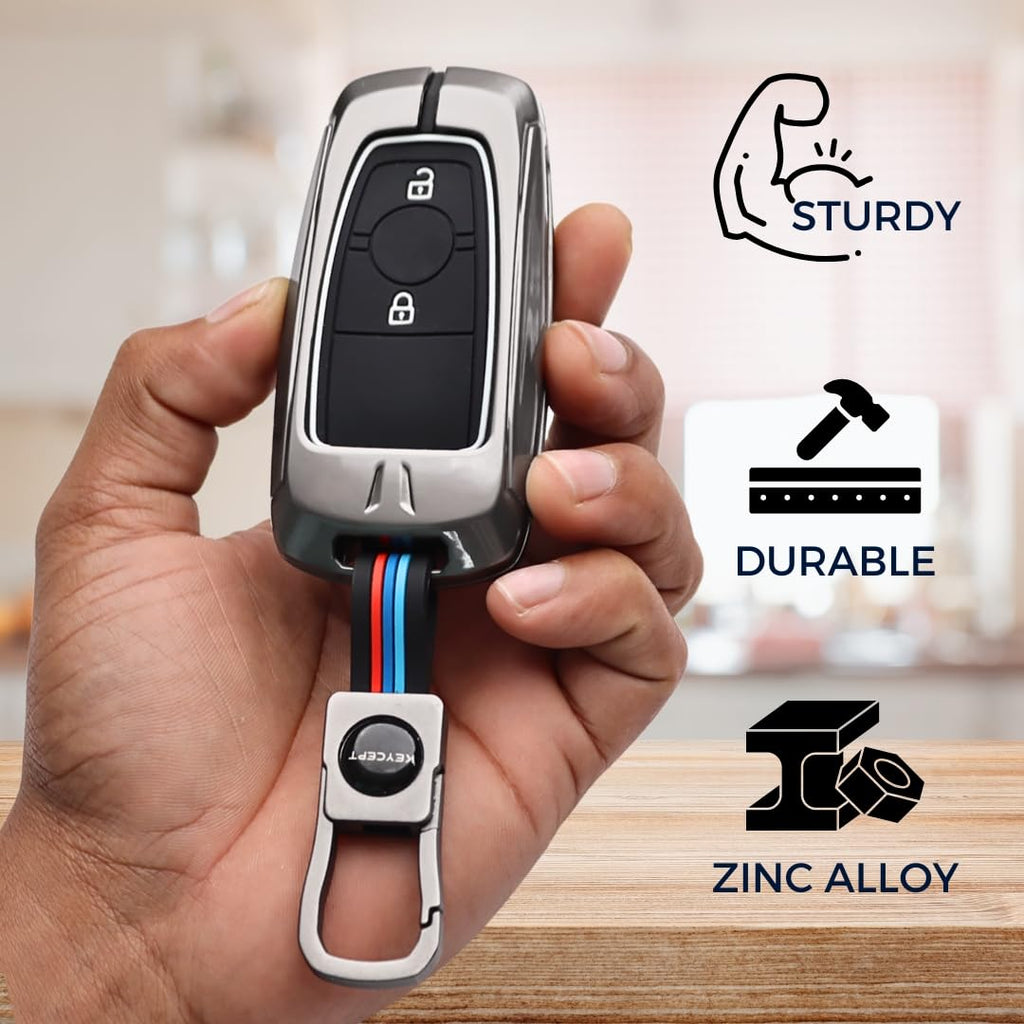 Metal Alloy Key Cover Compatible for Fo-rd Ecosport, Endeavour, Figo, Freestyle, Aspire 2 Button Smart Key with Keychain