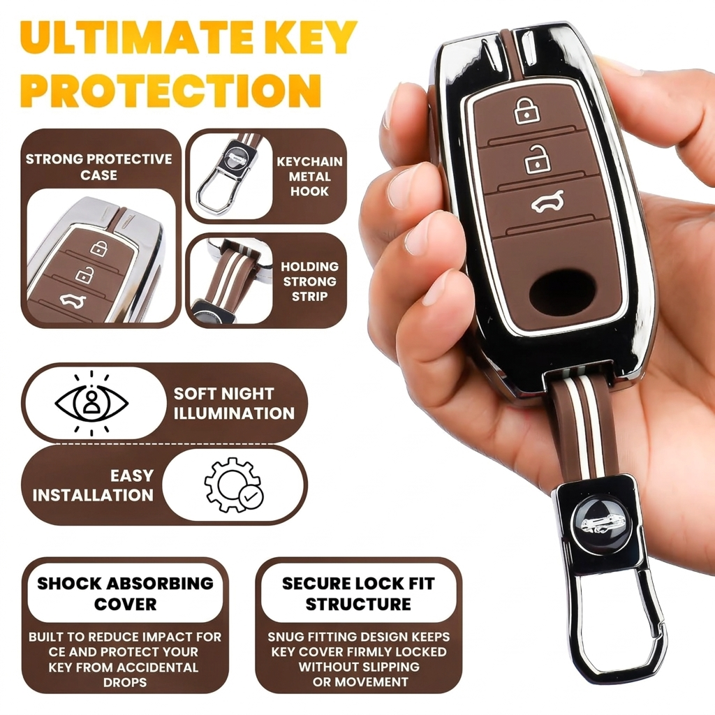 Luxury Black Chrome Key Cover Compatible for Toyota Fortuner, Legender, Hycross, Invicto | 3 Button Smart Key Protector with Keychain
