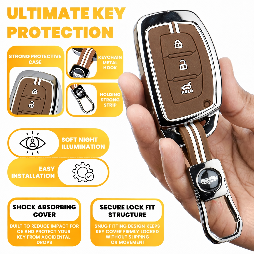 Black Chrome Metal Silicone Key Cover – Glow-in-the-Dark, Waterproof, Shockproof Key Fob Protector for Hyundaii i20 Creta Venue Tucson Alcazar Verna Xcent Aura Elantra 3 Button Smart Key