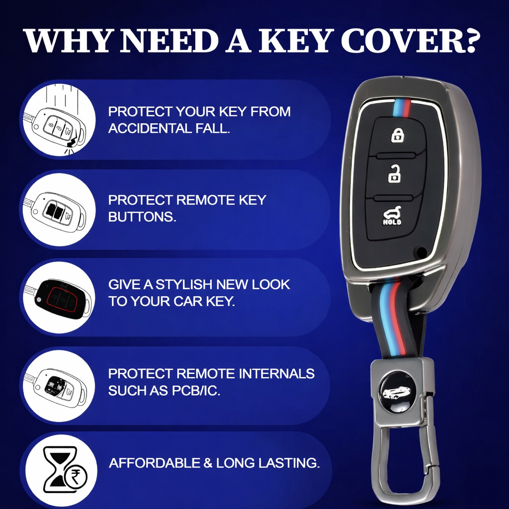 Metal Key Cover for Hyundai Grand i10 NIOS Asta | Venue | i20 | Aura | Exter | Creta | Elantra 3 Button Smart Key