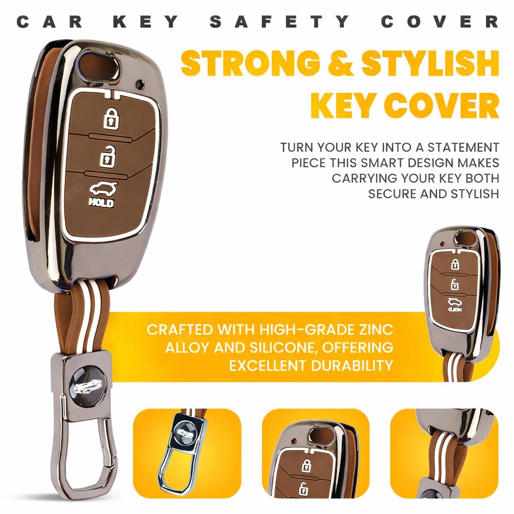Car Key Cover Compatible with Hyundaii Creta, Venue, Tucson, Alcazar, i20, Grand i10 Nios, Aura, Xcent, Exter, 3-Button Flip Key, Silicone, with Keyring (Chrome Metal Coffee Silicone)