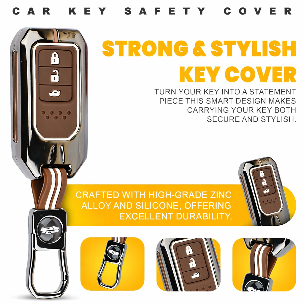 Premium Metal Silicone Car Key Cover for Honda BRV, WRV, CRV, Jazz, City 3 Button Smart Key | Glow in Dark Waterproof Shockproof Key Case with Keychain (Black Chrome Coffee Brown)