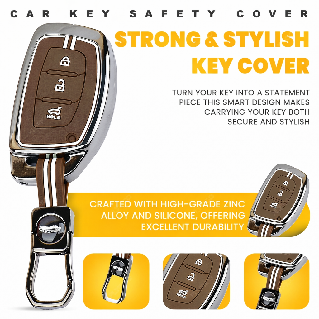Black Chrome Metal Silicone Key Cover – Glow-in-the-Dark, Waterproof, Shockproof Key Fob Protector for Hyundaii i20 Creta Venue Tucson Alcazar Verna Xcent Aura Elantra 3 Button Smart Key