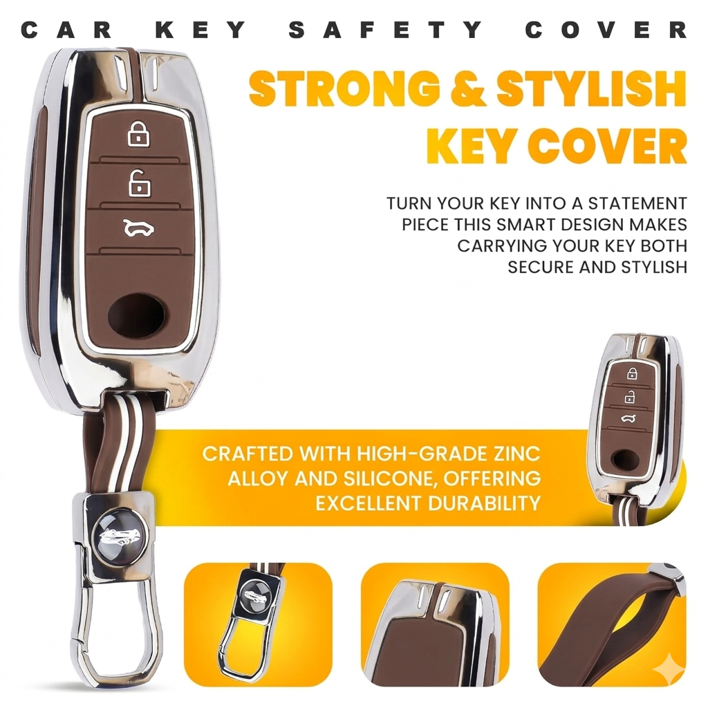 Luxury Black Chrome Key Cover Compatible for Toyota Fortuner, Legender, Hycross, Invicto | 3 Button Smart Key Protector with Keychain