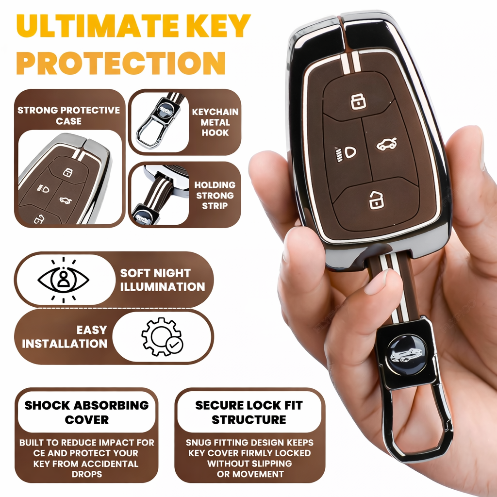 Luxury Car Key Cover for Tata Nexon, Tigor, Altroz, Punch, Safari | Metal & Silicone Smart Key Protector 4 Button with Hook