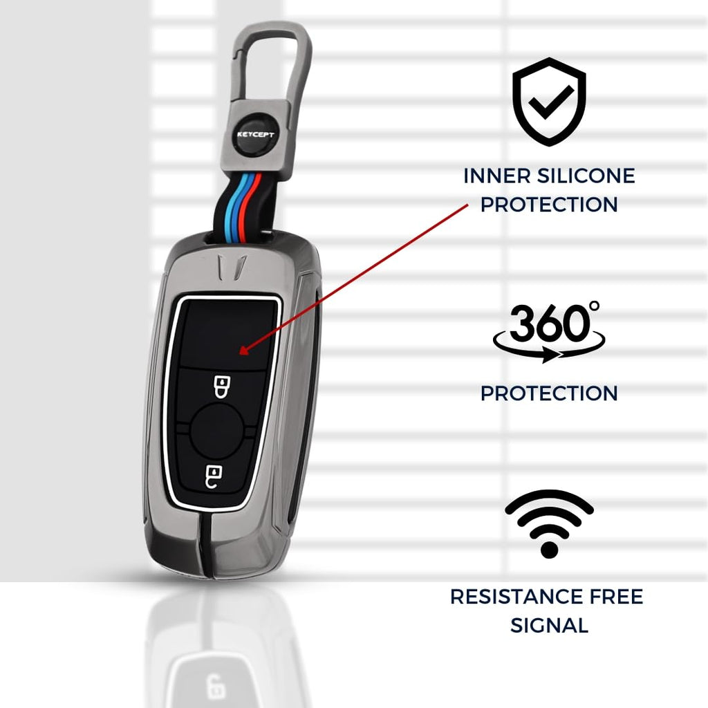 Metal Alloy Key Cover Compatible for Fo-rd Ecosport, Endeavour, Figo, Freestyle, Aspire 2 Button Smart Key with Keychain