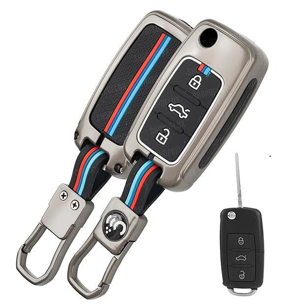 Metal Silicon Key Cover Compatible with Polo Vento Jetta Ameo Passat and Skoda Rapid Laura Superb Octavia Fabia Yeti 3 Button Flip Key Feature Visible in Low-Light Conditions