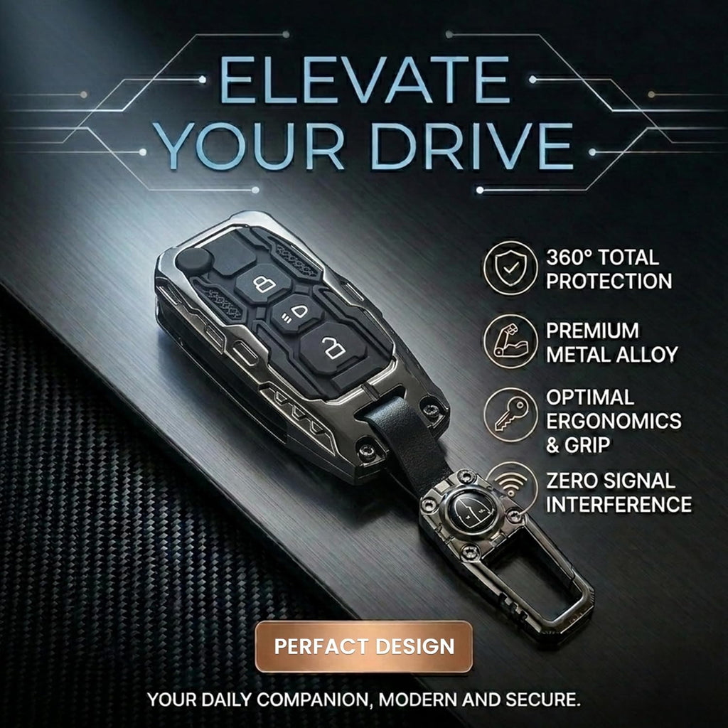Metal Car Key Cover for Tata Nexon Altroz Punch Tiago Harrier Safari Tigor 3 Button Smart Key | Transformer Armour Waterproof Key Case with Keychain