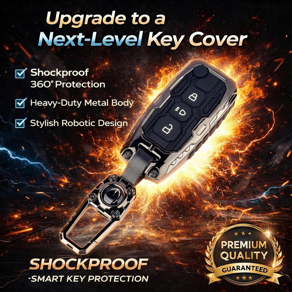 Metal Car Key Cover for Tata Nexon Altroz Punch Tiago Harrier Safari Tigor 3 Button Smart Key | Transformer Armour Waterproof Key Case with Keychain