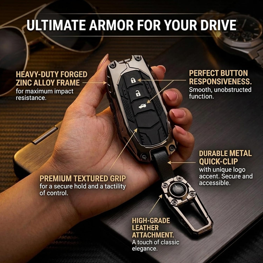 Metal Silicone Key Cover for Toyota Innova Crysta, HyCross, Hilux 3 Button Smart Key | Premium Black Chrome Shockproof Key Case with Keychain